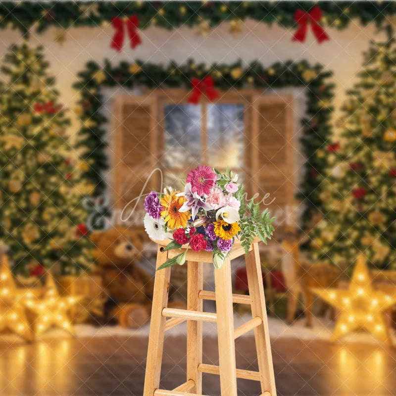 Aperturee - Aperturee Cozy Christmas Window Photography Backdrop with Reindeer and Teddy Bear Lighted Stars Holiday Photo Background