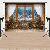 Aperturee - Aperturee Cozy Christmas Winter Cabin Window View Combo Set Backdrop with Snowy Forest Holiday Party Photography Decor