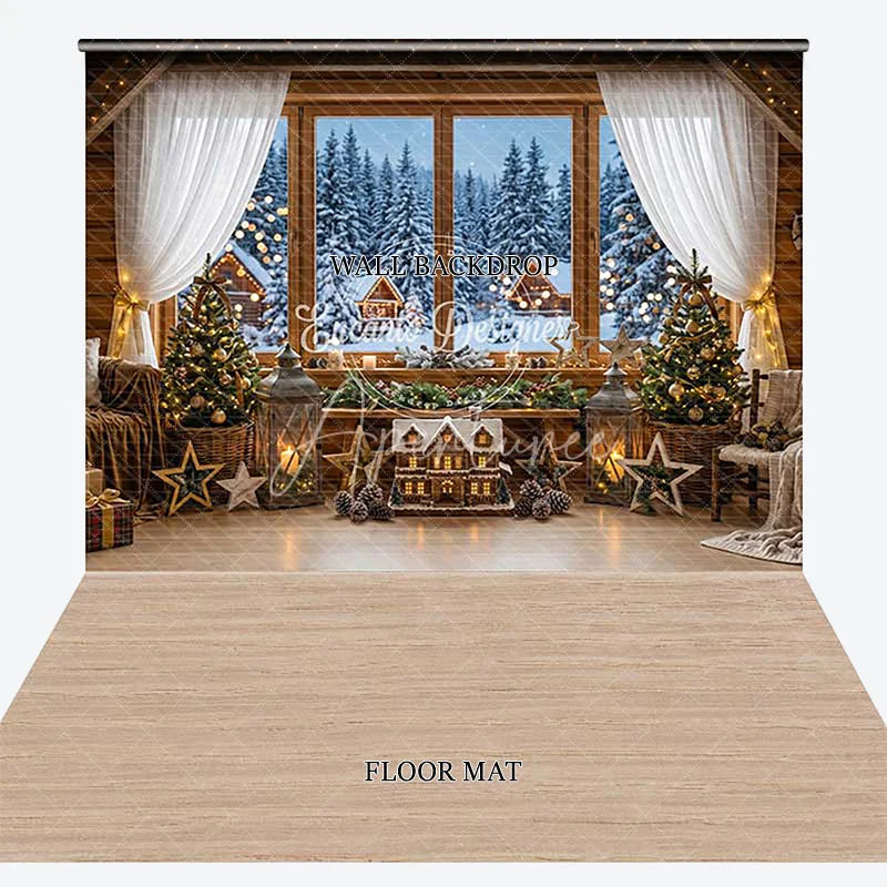 Aperturee - Aperturee Cozy Christmas Winter Cabin Window View Combo Set Backdrop with Snowy Forest Holiday Party Photography Decor
