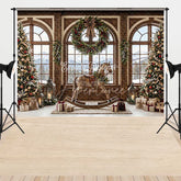 Aperturee - Aperturee Cozy Christmas Winter Wonderland Combo Set Backdrop Snowy Mountain Window Rocking Horse and Decorated Trees Decor