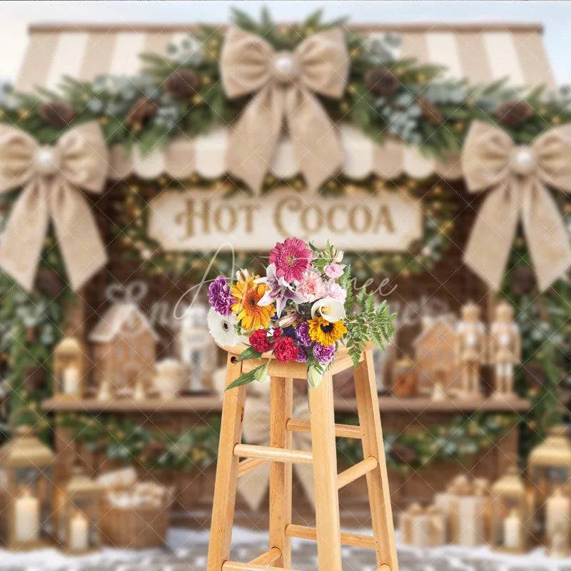 Aperturee - Aperturee Cozy Hot Cocoa Stand Christmas Holiday Backdrop with Snowy Trees Elegant Garlands and Gingerbread Decor