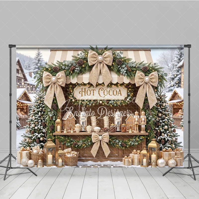 Aperturee - Aperturee Cozy Hot Cocoa Stand Christmas Holiday Backdrop with Snowy Trees Elegant Garlands and Gingerbread Decor