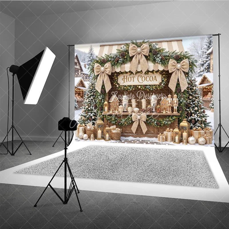 Aperturee - Aperturee Cozy Hot Cocoa Stand Christmas Holiday Backdrop with Snowy Trees Elegant Garlands and Gingerbread Decor