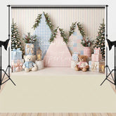Aperturee - Aperturee Cozy Pastel Pink and Blue Christmas Tree with Teddy Bears and Gifts Combo Set Backdrop Holiday Photography