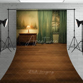 Aperturee - Aperturee Cozy Room Interior with Forest Window View and Wooden Floor Sweep Backdrop Rustic Photography Prop