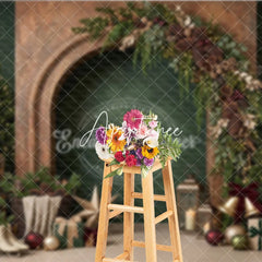 Aperturee - Aperturee Cozy Rustic Christmas Photography Backdrop featuring Decorated Trees Fireplace Arch Garland and Festive Gifts