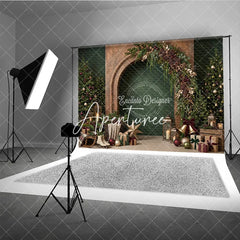 Aperturee - Aperturee Cozy Rustic Christmas Photography Backdrop featuring Decorated Trees Fireplace Arch Garland and Festive Gifts