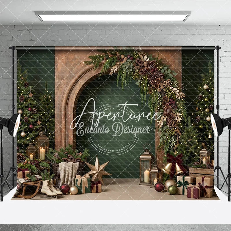 Aperturee - Aperturee Cozy Rustic Christmas Photography Backdrop featuring Decorated Trees Fireplace Arch Garland and Festive Gifts