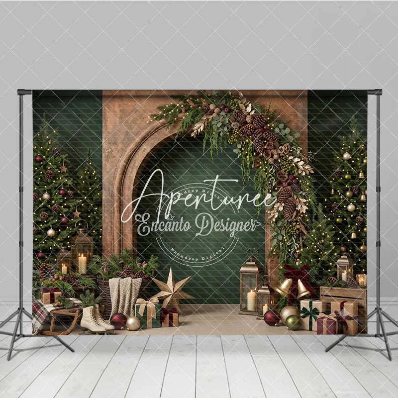 Aperturee - Aperturee Cozy Rustic Christmas Photography Backdrop featuring Decorated Trees Fireplace Arch Garland and Festive Gifts