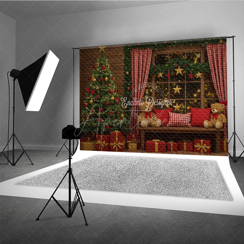 Aperturee - Aperturee Cozy Rustic Christmas Photography Backdrop Wood Wall with Teddy Bears and Tree Holiday Mini Session Background