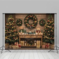 Aperturee - Aperturee Cozy Rustic Christmas Photography Backdrop Wood Wall with Teddy Bears and Trees Farmhouse Holiday Background
