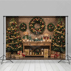 Aperturee - Aperturee Cozy Rustic Christmas Photography Backdrop Wood Wall with Teddy Bears and Trees Farmhouse Holiday Background