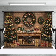 Aperturee - Aperturee Cozy Rustic Christmas Photography Backdrop Wood Wall with Teddy Bears and Trees Farmhouse Holiday Background