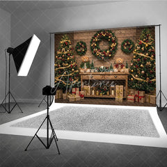 Aperturee - Aperturee Cozy Rustic Christmas Photography Backdrop Wood Wall with Teddy Bears and Trees Farmhouse Holiday Background