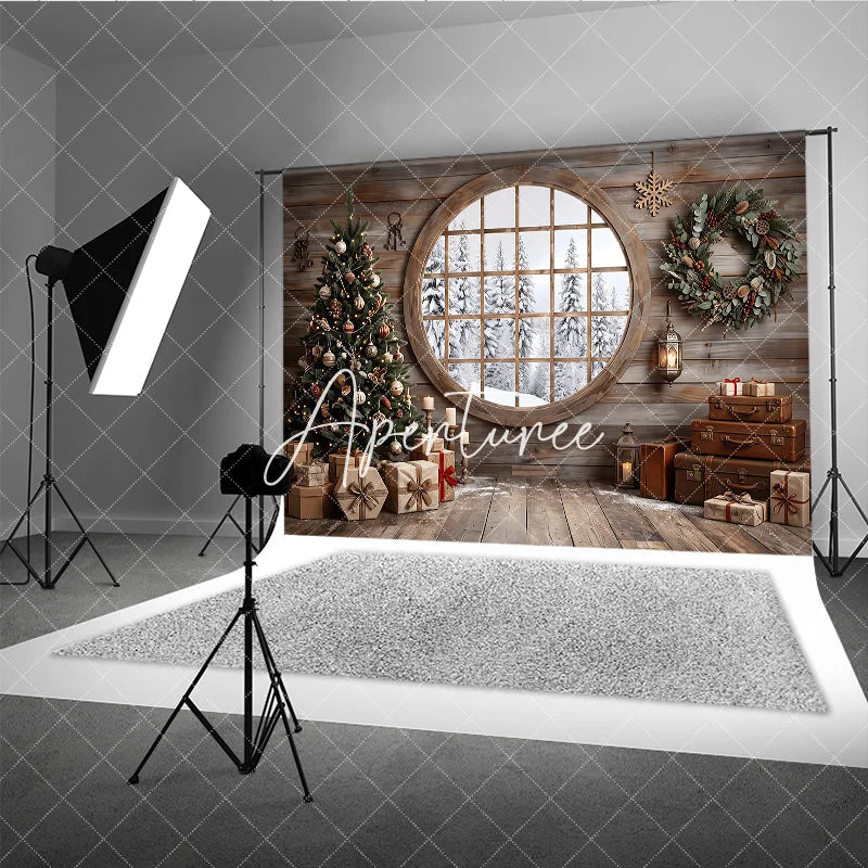 Aperturee - Aperturee Cozy Rustic Wooden Cabin Christmas Tree Holiday Backdrop Snowy Window Winter Gifts and Wreath Decor