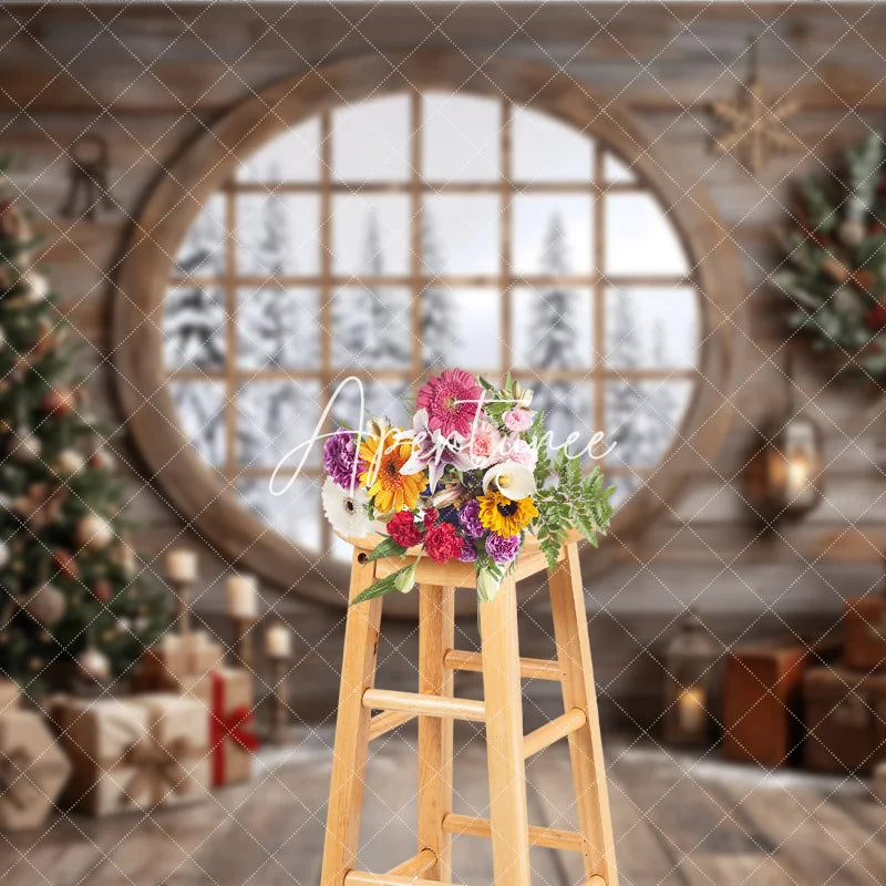 Aperturee - Aperturee Cozy Rustic Wooden Cabin Christmas Tree Holiday Backdrop Snowy Window Winter Gifts and Wreath Decor