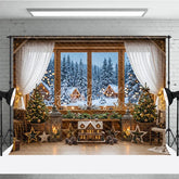 Aperturee - Aperturee Cozy Rustic Wooden Cabin Window Holiday Backdrop with Snowy Forest Christmas Trees and Festive Lights
