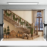 Aperturee - Aperturee Cozy Rustic Wooden Staircase Christmas Garland Holiday Backdrop Snowy Window Winter Festive Decor
