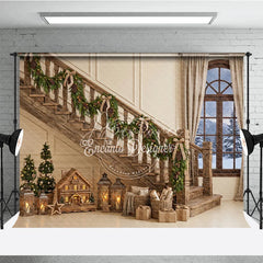 Aperturee - Aperturee Cozy Rustic Wooden Staircase Christmas Garland Holiday Backdrop Snowy Window Winter Festive Decor