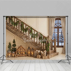 Aperturee - Aperturee Cozy Rustic Wooden Staircase Christmas Garland Holiday Backdrop Snowy Window Winter Festive Decor