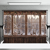 Aperturee - Aperturee Cozy Rustic Wooden Window Photography Backdrop with Snowy Forest View Pinecones Berries and Reindeer Decor