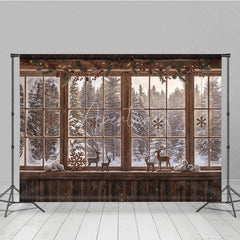 Aperturee - Aperturee Cozy Rustic Wooden Window Photography Backdrop with Snowy Forest View Pinecones Berries and Reindeer Decor