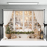Aperturee - Aperturee Cozy Snowy Winter Village Window View Holiday Backdrop Festive Christmas Tree and Warm Lights Decor