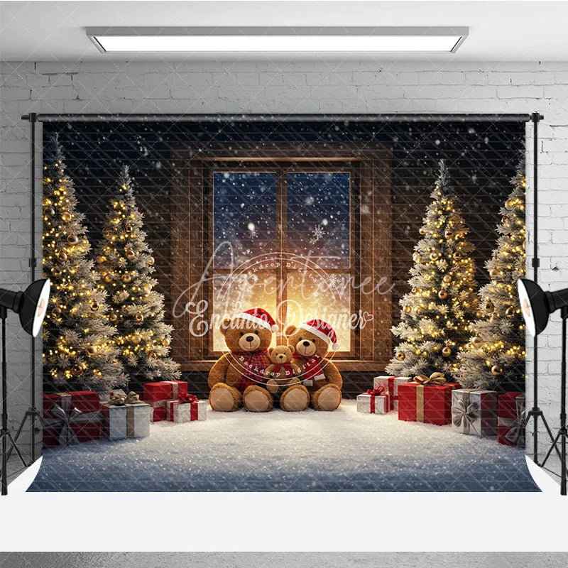 Aperturee - Aperturee Cozy Teddy Bear Family Christmas Photography Backdrop Snowy Window Scene Holiday Mini Session Background