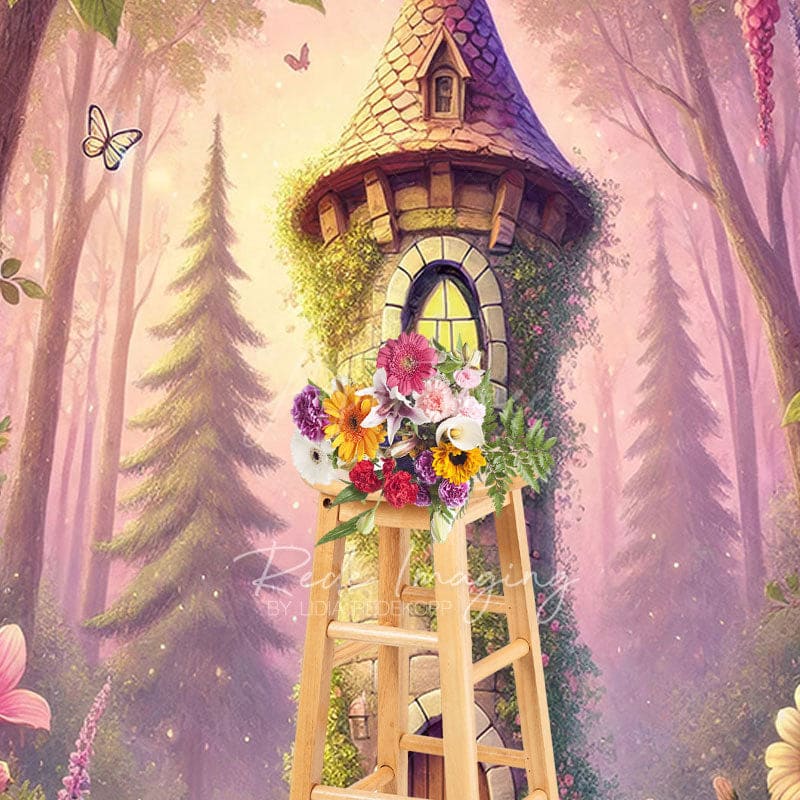 Aperturee - Aperturee Cozy Tower Pink Floral Trees Photography Backdrop