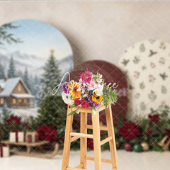 Aperturee - Aperturee Cozy Winter Cabin and Snowy Pine Trees Christmas Holiday Backdrop Festive Poinsettia Gifts and Sled Decor