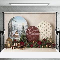 Aperturee - Aperturee Cozy Winter Cabin and Snowy Pine Trees Christmas Holiday Backdrop Festive Poinsettia Gifts and Sled Decor