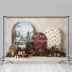 Aperturee - Aperturee Cozy Winter Cabin and Snowy Pine Trees Christmas Holiday Backdrop Festive Poinsettia Gifts and Sled Decor