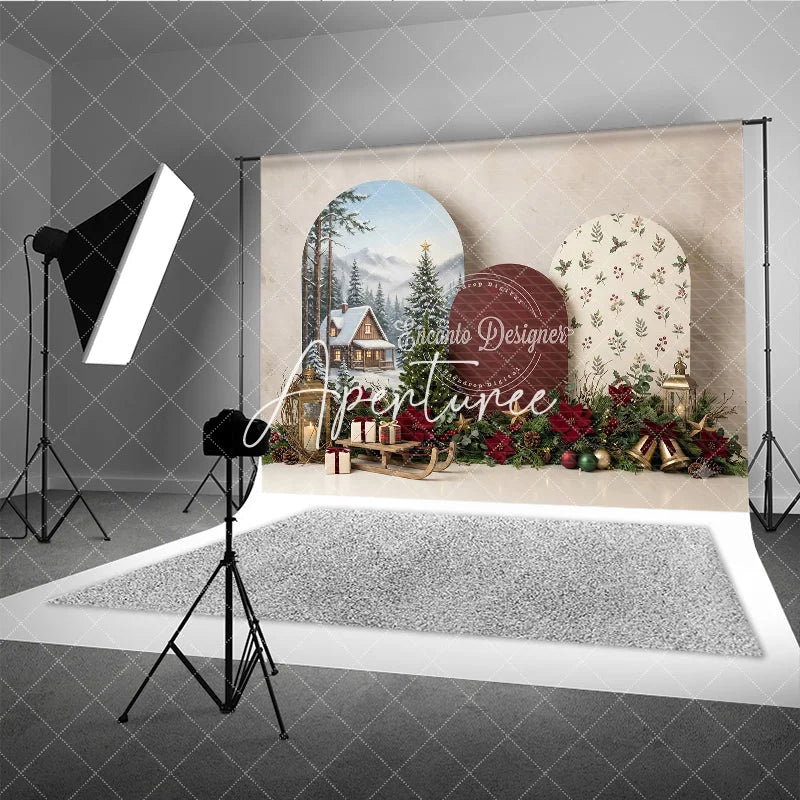 Aperturee - Aperturee Cozy Winter Cabin and Snowy Pine Trees Christmas Holiday Backdrop Festive Poinsettia Gifts and Sled Decor