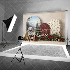 Aperturee - Aperturee Cozy Winter Cabin and Snowy Pine Trees Christmas Holiday Backdrop Festive Poinsettia Gifts and Sled Decor