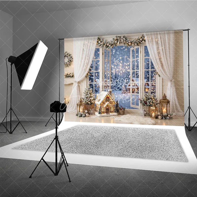 Aperturee - Aperturee Cozy Winter Holiday Backdrop with Snowy Window View Festive Garland and Illuminated House for Christmas