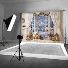 Aperturee - Aperturee Cozy Winter Holiday Backdrop with Snowy Window View Festive Garland and Illuminated House for Christmas