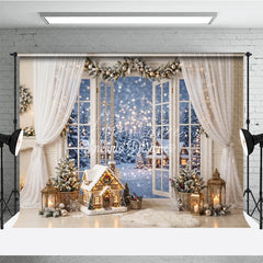 Aperturee - Aperturee Cozy Winter Holiday Backdrop with Snowy Window View Festive Garland and Illuminated House for Christmas