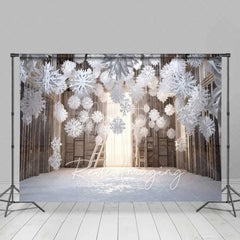 Aperturee - Aperturee Cozy Winter Room Backdrop Hanging Snowflakes Wooden Shelves Ladder Warm Light Photo Background