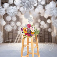 Aperturee - Aperturee Cozy Winter Room Backdrop Hanging Snowflakes Wooden Shelves Ladder Warm Light Photo Background