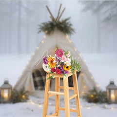 Aperturee - Aperturee Cozy Winter Teepee in Snowy Forest Photography Backdrop Boho Tent with Plaid Pillows Holiday Photo Session