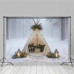 Aperturee - Aperturee Cozy Winter Teepee in Snowy Forest Photography Backdrop Boho Tent with Plaid Pillows Holiday Photo Session
