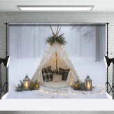 Aperturee - Aperturee Cozy Winter Teepee in Snowy Forest Photography Backdrop Boho Tent with Plaid Pillows Holiday Photo Session