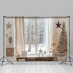 Aperturee - Aperturee Cozy Winter Window Backdrop Snowy Forest View Neutral Curtains Flocked Tree Photo Background