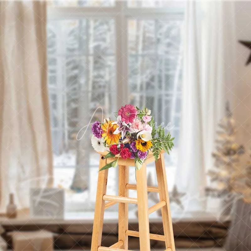 Aperturee - Aperturee Cozy Winter Window Backdrop Snowy Forest View Neutral Curtains Flocked Tree Photo Background