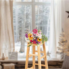 Aperturee - Aperturee Cozy Winter Window Backdrop Snowy Forest View Neutral Curtains Flocked Tree Photo Background