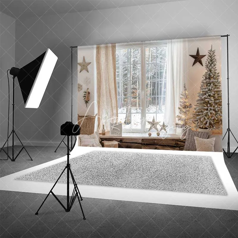 Aperturee - Aperturee Cozy Winter Window Backdrop Snowy Forest View Neutral Curtains Flocked Tree Photo Background