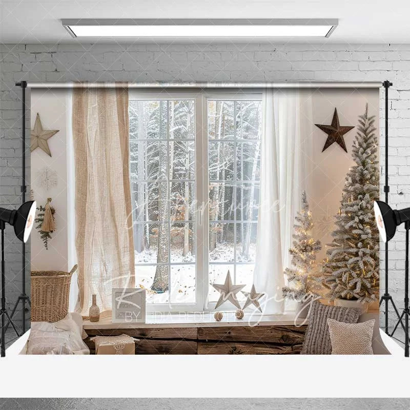 Aperturee - Aperturee Cozy Winter Window Backdrop Snowy Forest View Neutral Curtains Flocked Tree Photo Background