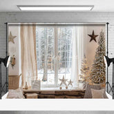 Aperturee - Aperturee Cozy Winter Window Backdrop Snowy Forest View Neutral Curtains Flocked Tree Photo Background