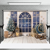 Aperturee - Aperturee Cozy Winter Window Holiday Backdrop Christmas Tree and Wooden Sled Photo Background for Party Decor