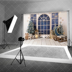 Aperturee - Aperturee Cozy Winter Window Holiday Backdrop Christmas Tree and Wooden Sled Photo Background for Party Decor